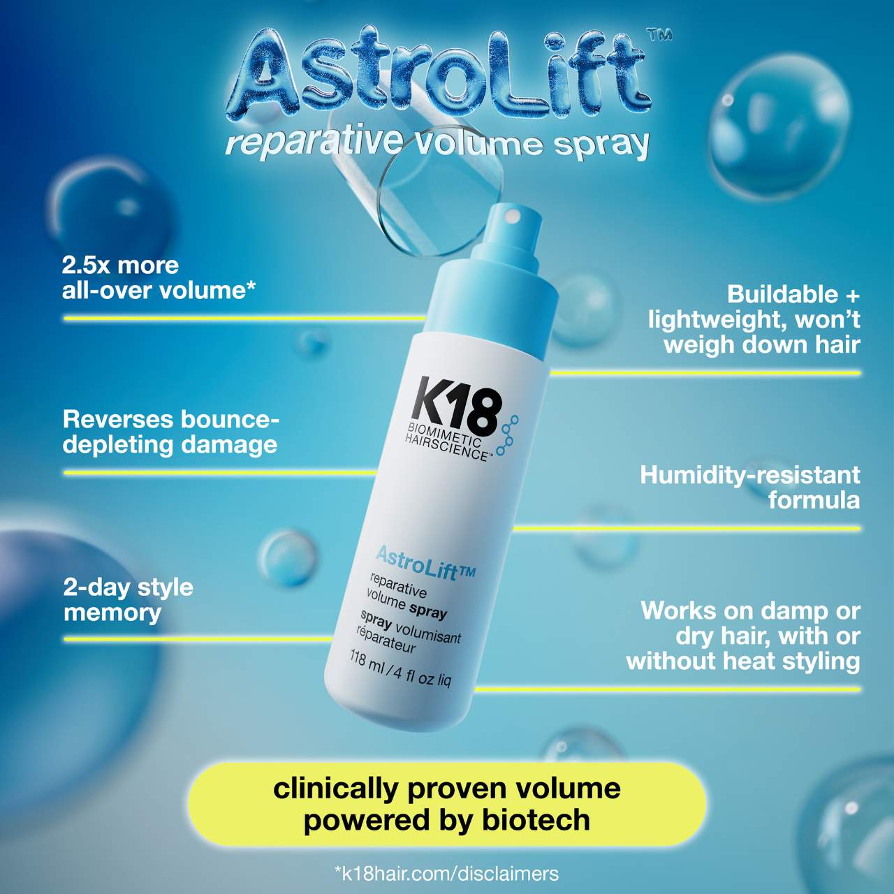 K18 Biomimetic Hairscience AstroLift™ Reparative Volume Spray 118 ml / 4 oz