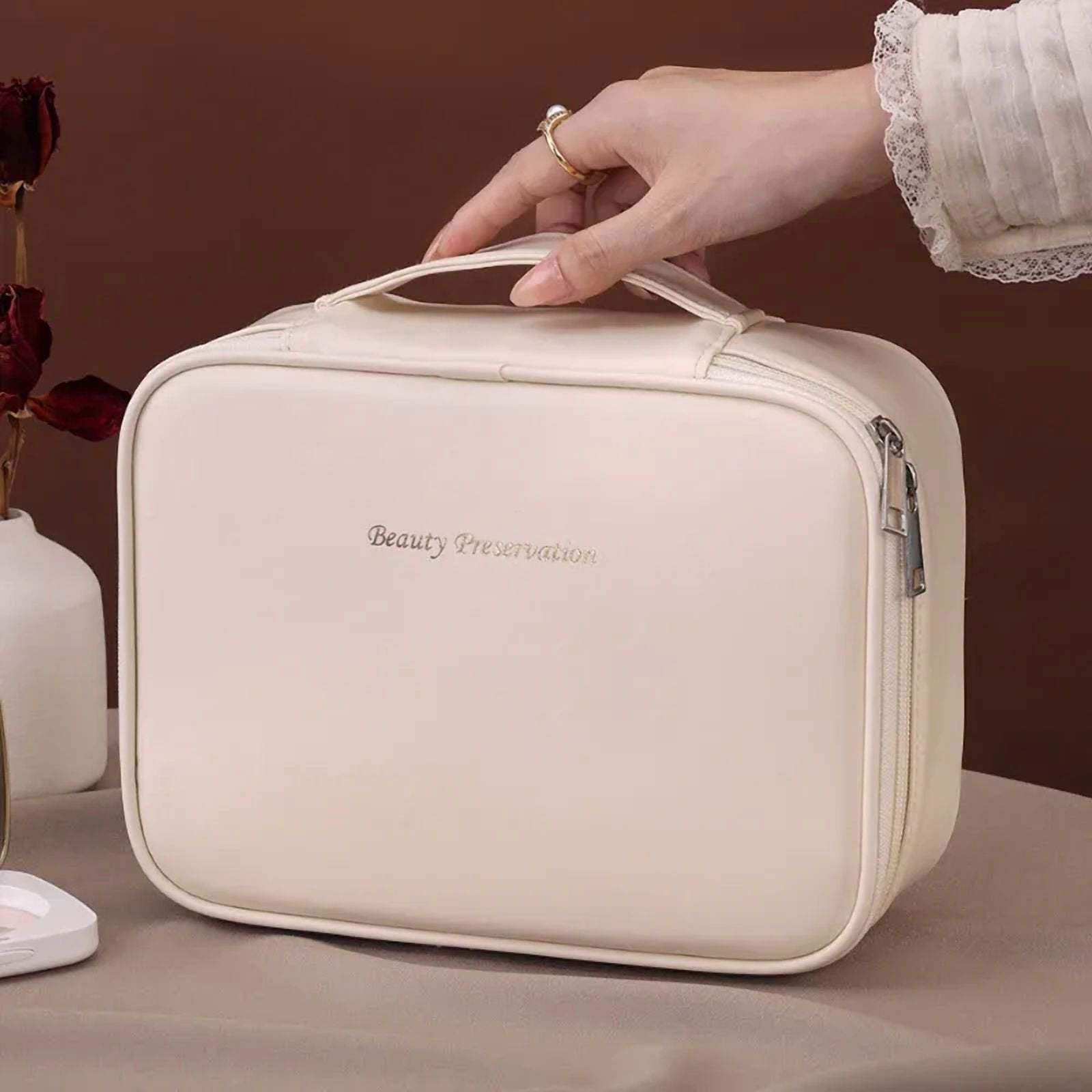 Bridge Tears Large Capacity Cosmetic Bag | Milk Apricot White