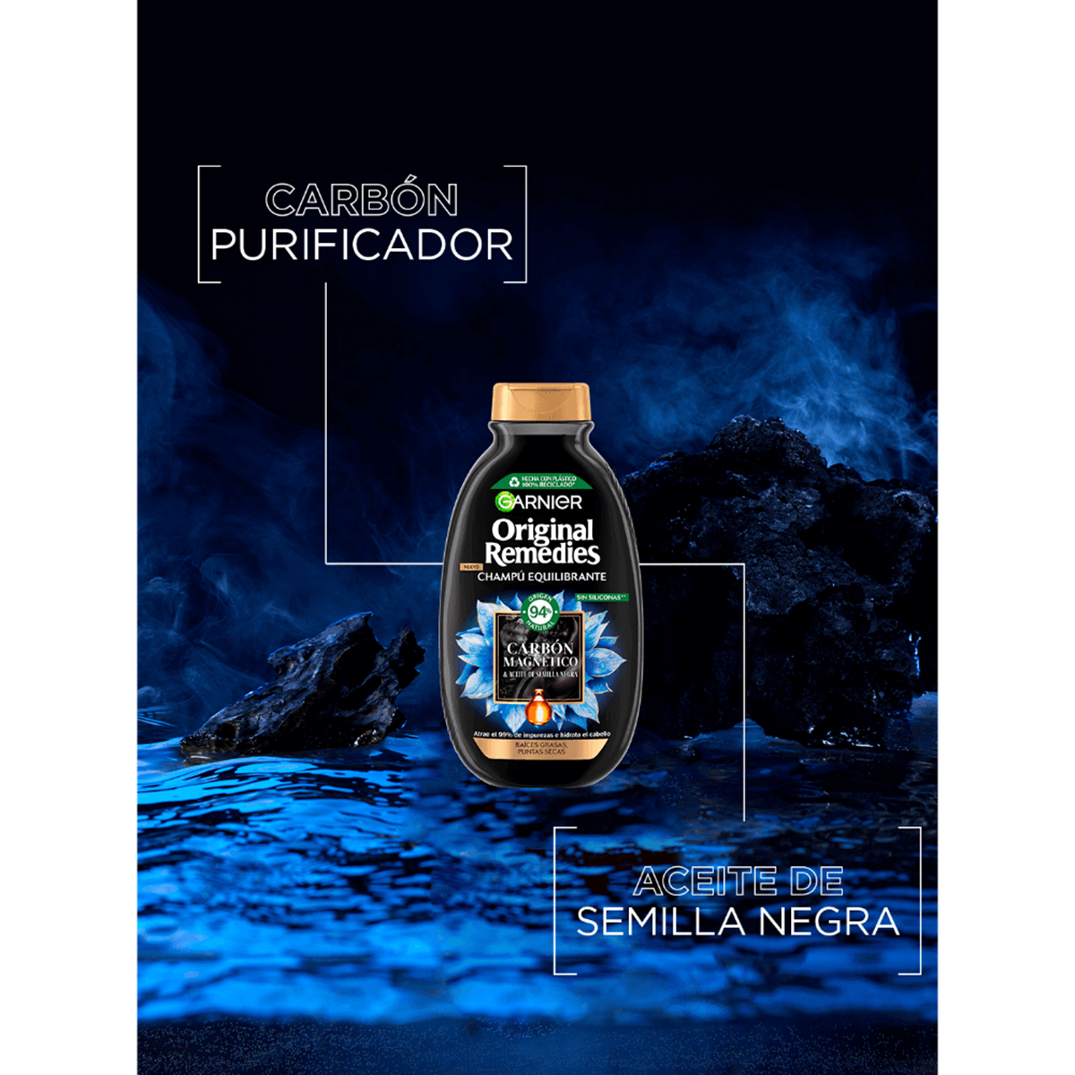 Garnier Original Remedies Carbón Magnético Shampoo Raíces Grasas Puntas Secas 250 ml