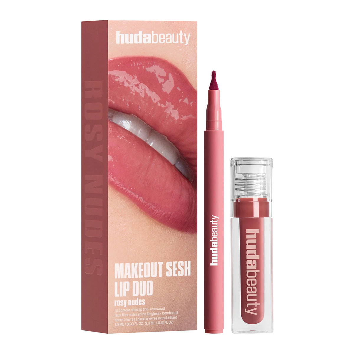 Huda Beauty Make Out Sesh Lip Stain and Lip Gloss Duos | Rosy Nudes