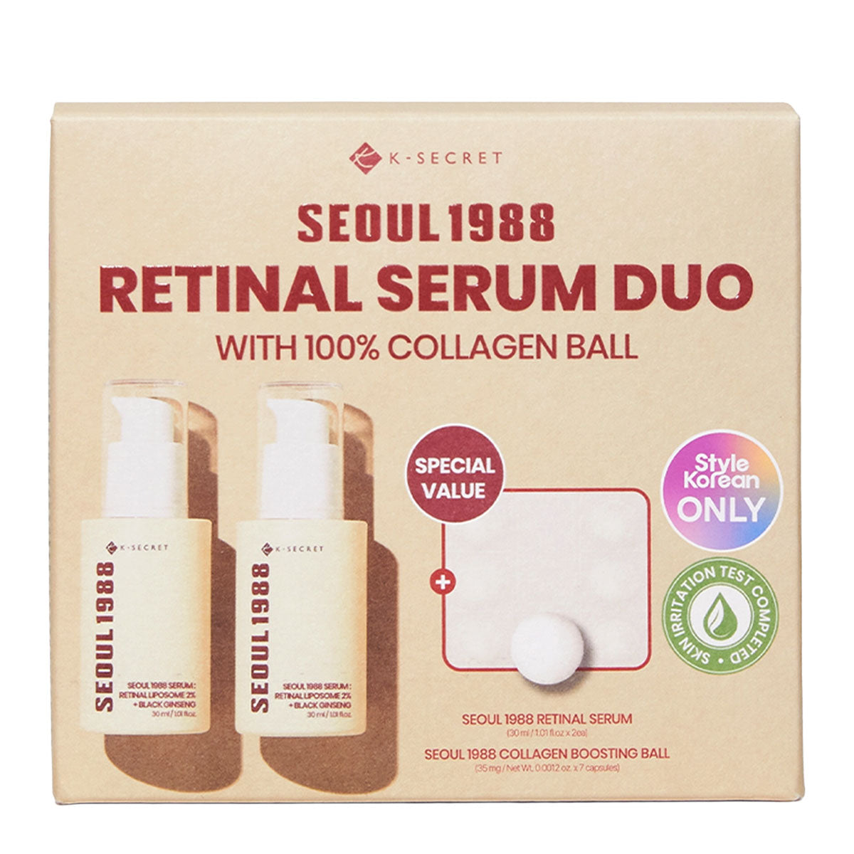 K-Secret Seoul 1988 Retinal Liposome 2% + Black Ginseng Duo 2 x 30 ml + 100% Collagen Ball
