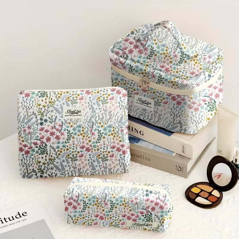 Rili Bags 3 Piece Bundle Makeup & Cosmetics Bag | Green Flowers & Plants