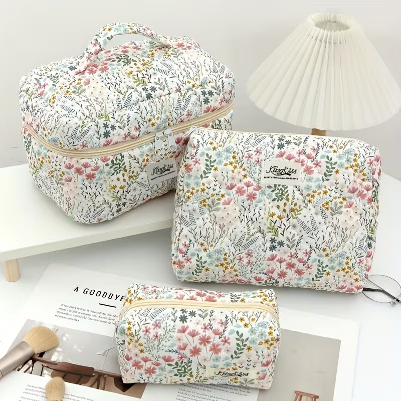 Rili Bags 3 Piece Bundle Makeup & Cosmetics Bag | Green Flowers & Plants