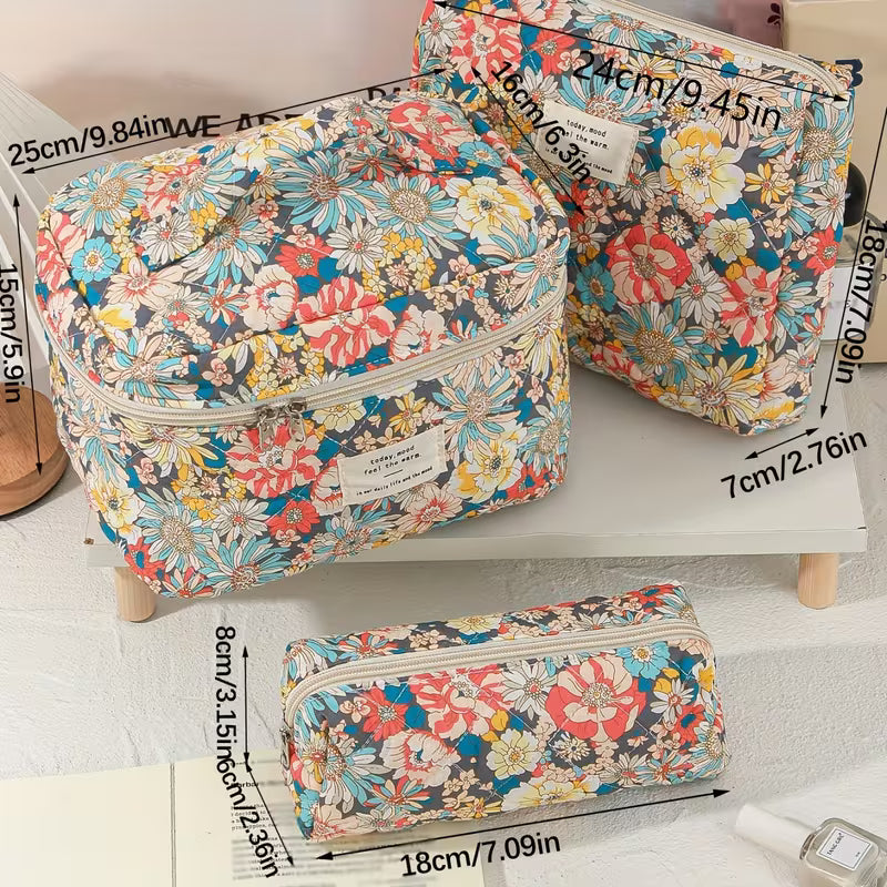 Rili Bags 3 Piece Bundle Makeup & Cosmetics Bag | Retro Flowers