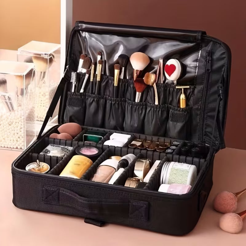 Professional Large Travel Makeup Train Case with Strap | Black
