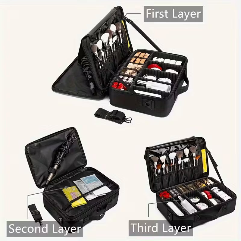 Professional Large Travel Makeup Train Case with Strap | Black