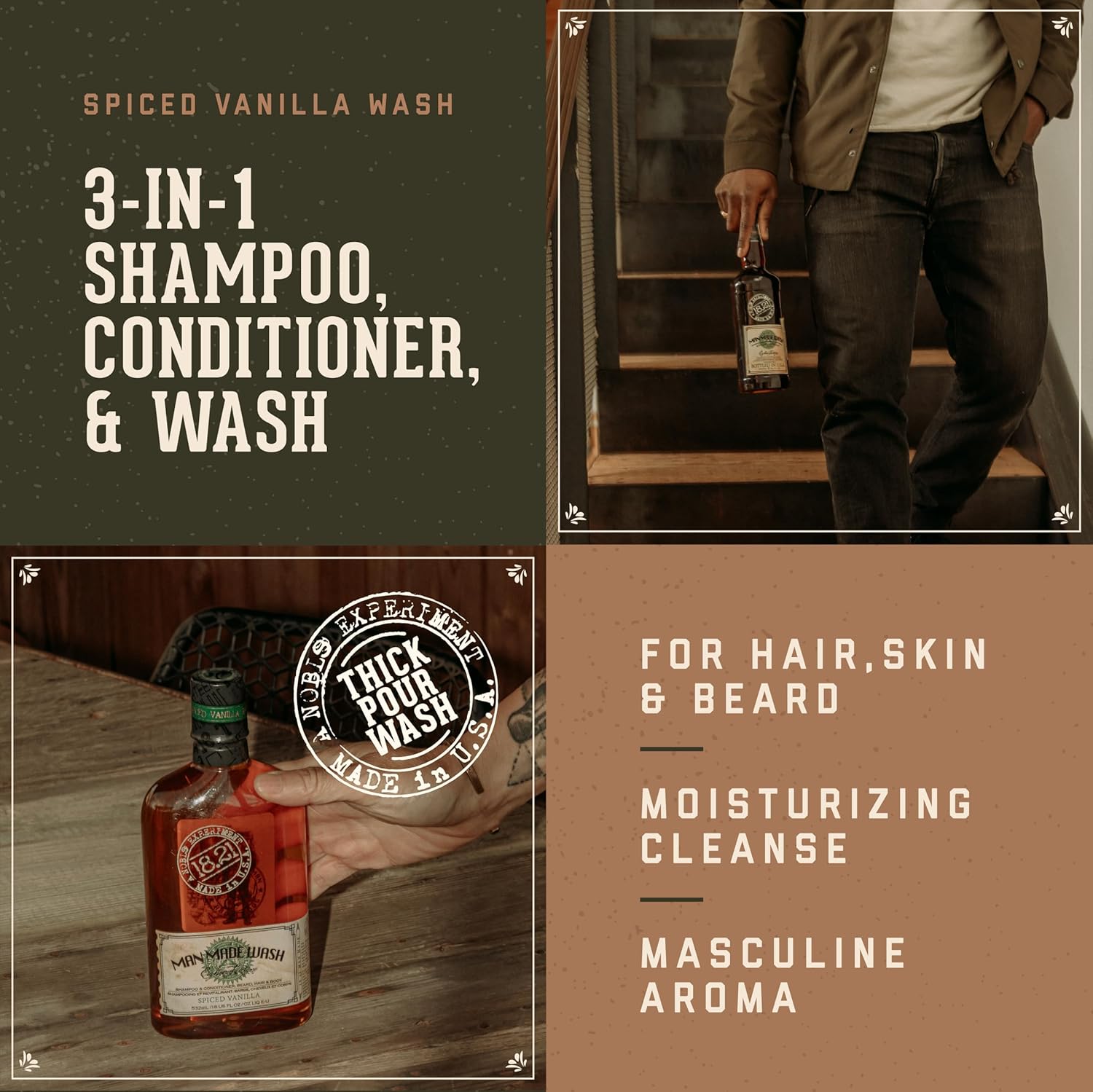 18.21 Man Made Shampoo, Conditioner, Beard & Body Wash Mini 50 ml / 1.7 oz | Spiced Vanilla