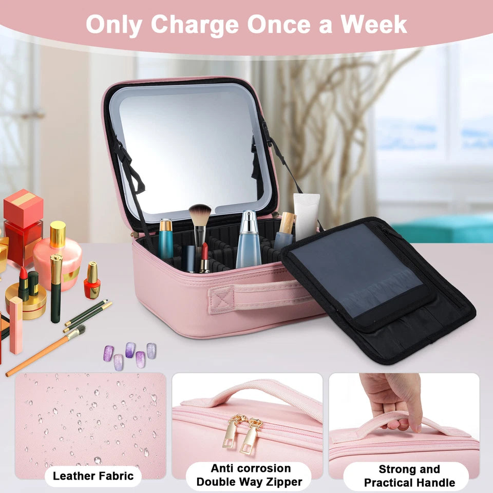 Vokerr Cosmetic Suitcase Organizer with LED Light Mirror | Pink