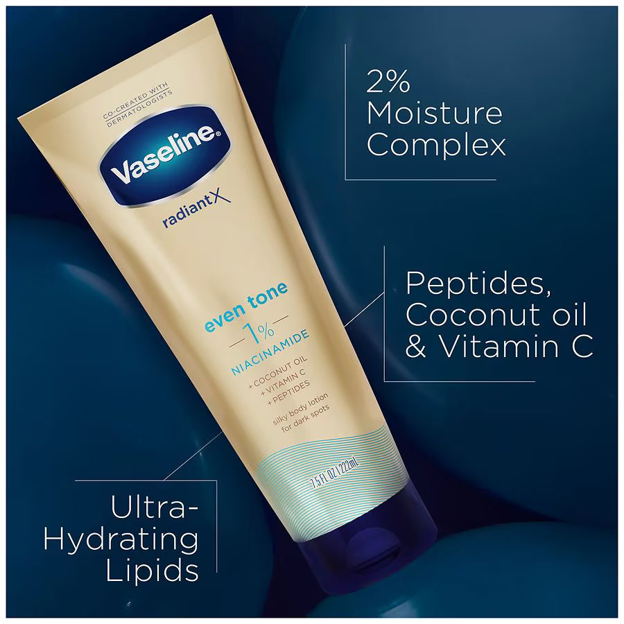 Vaseline Radiant X Even Tone Body Lotion 1% Niacinamide, Coconut Oil, Vitamin C & Peptides 7.5 oz / 222 ml