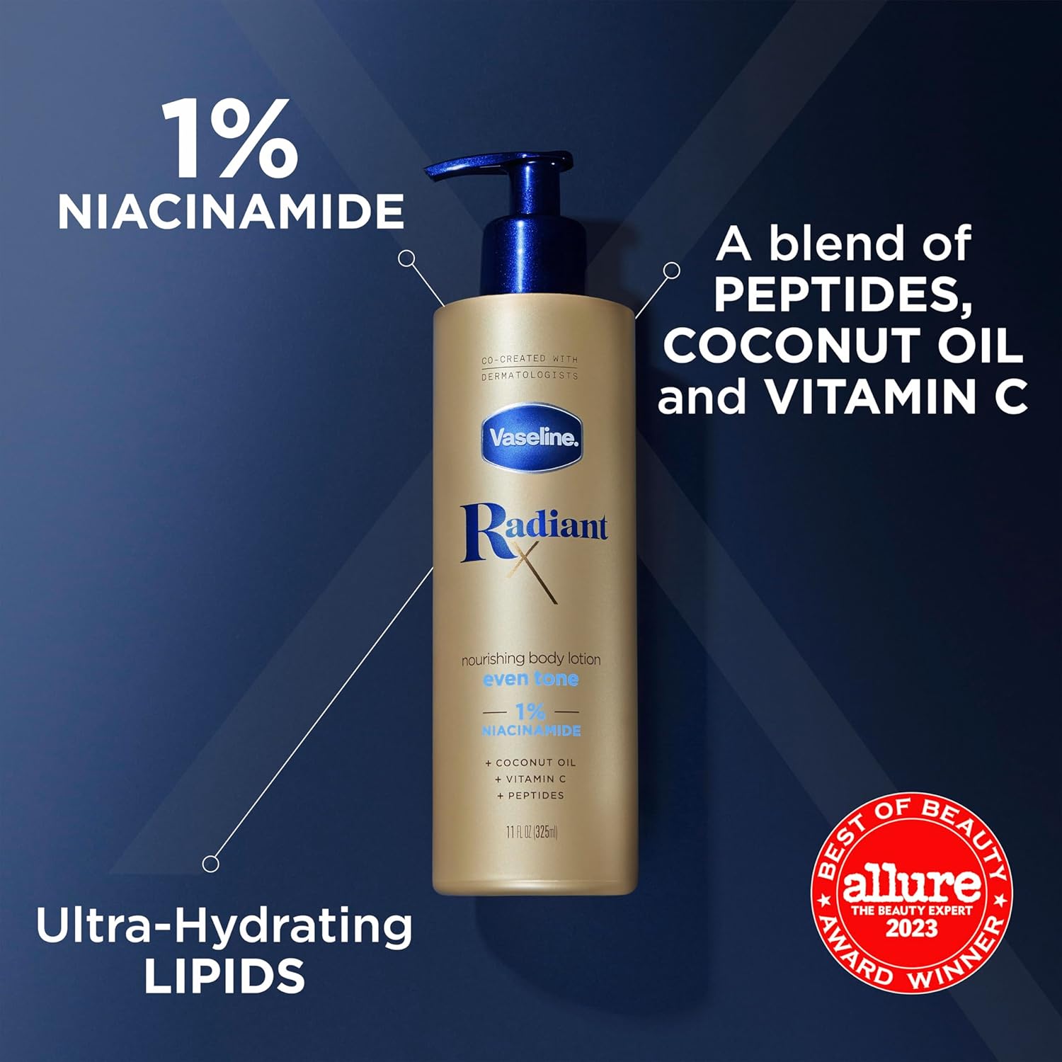 Vaseline Radiant X Nourishing Body Lotion 1% Niacinamide, Coconut Oil, Vitamin C & Peptides 11 oz / 325 ml